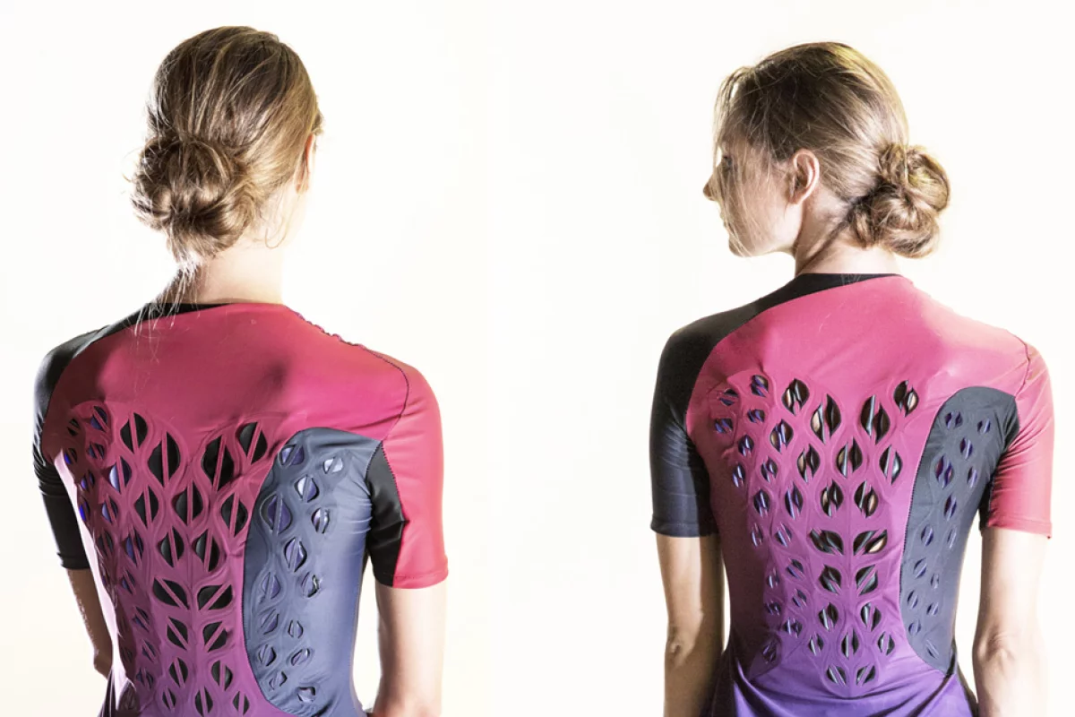 Before exercise (left), the living cell-lined flaps in MIT's biofabric are closed, but when the cells detect humidity, they open (right) to cool down the wearer