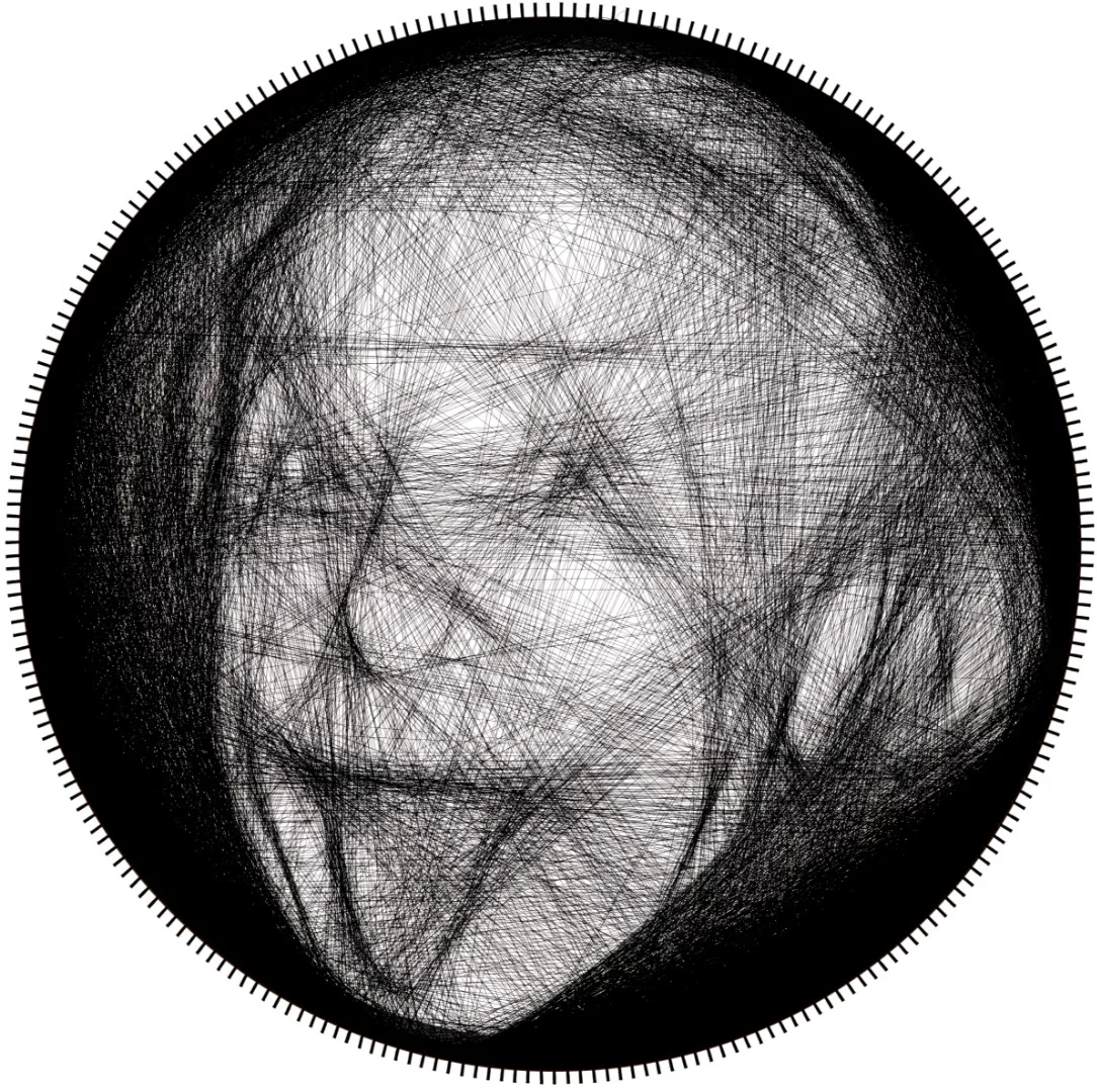 A photo of Albert Einstein, recreated by the string art robot
