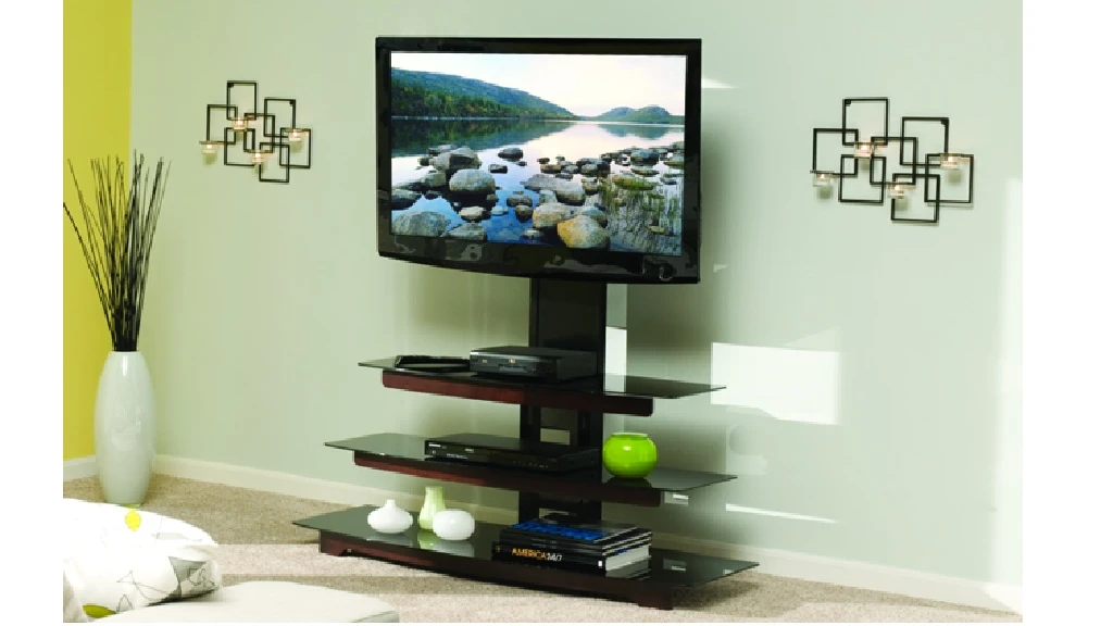 The 'no drill' flat panel TV mount from Sanus attaches to a shelf unit, positioning the TV at the right viewing height and angle without the need to drill into walls