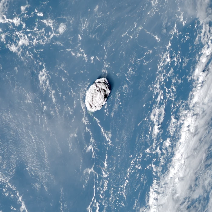 Satellite image of the Hunga-Tonga Hunga-Ha'apai volcano around 10 minutes after its eruption