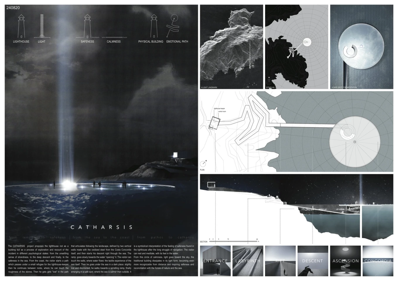 Third-place entry Catharsis ratchets the level of abstractness up a notch and calls for an unusual structure with walls made with the rusted steel of the Costa Concordia