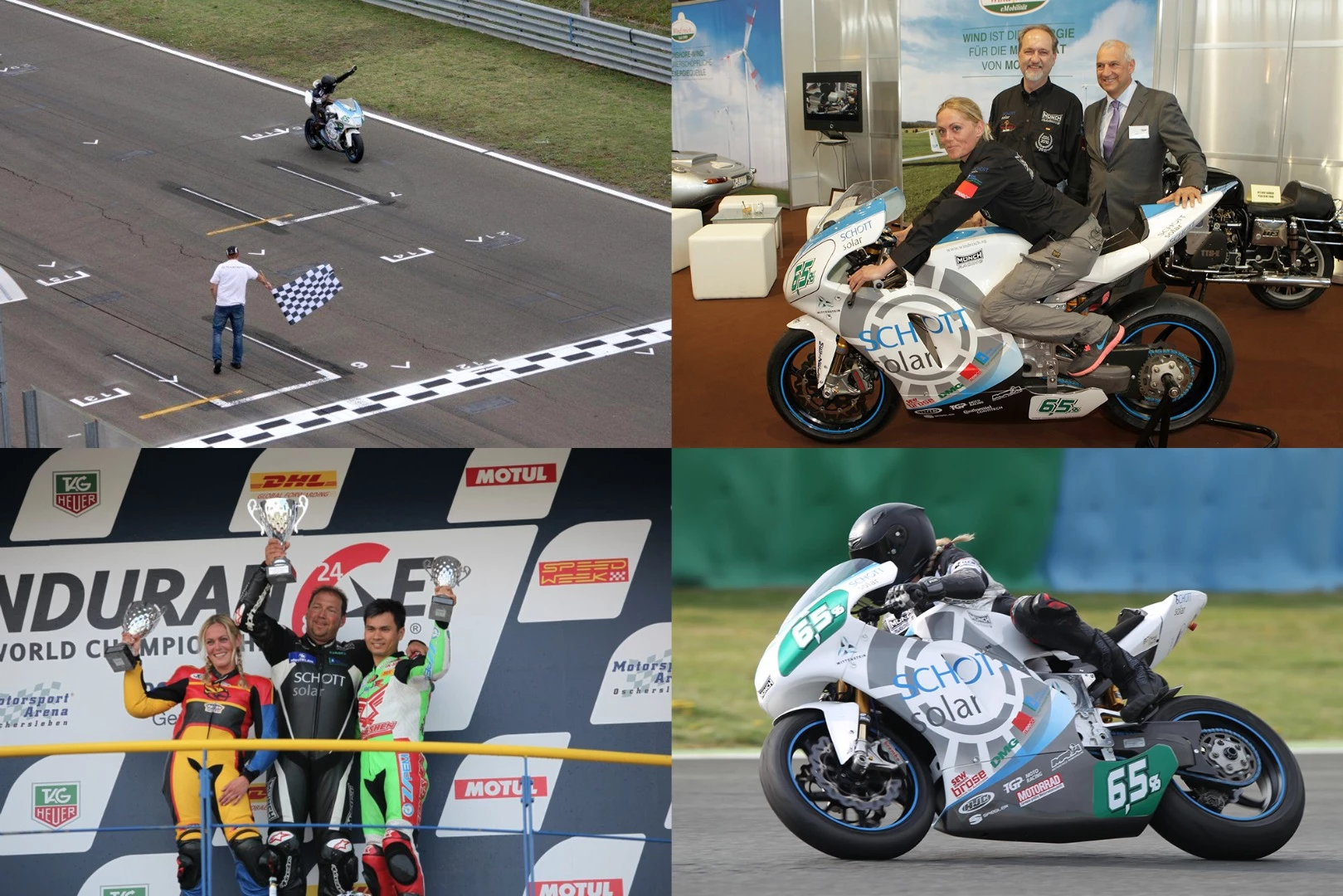 In 2012, Katja Poensgen returned to international racing with the German Münch Racing Team, finishing second in the FIM e-Power International Championship race series. Indeed, Katja led the points table for the title at one stage of the season after winning the Hungaroring round in June 2012 (above top left).