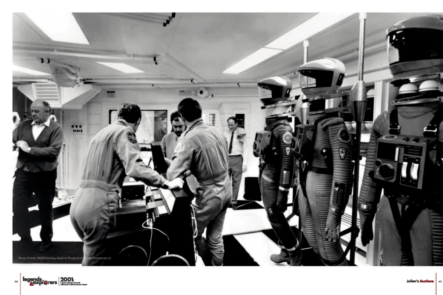 Helmets and suits at the ready during filming of 2001: A Space Odyssey (MGM, 1968). Image is a double page spread in Julien's catalog for the sale, downloadable at Julien's Auctions