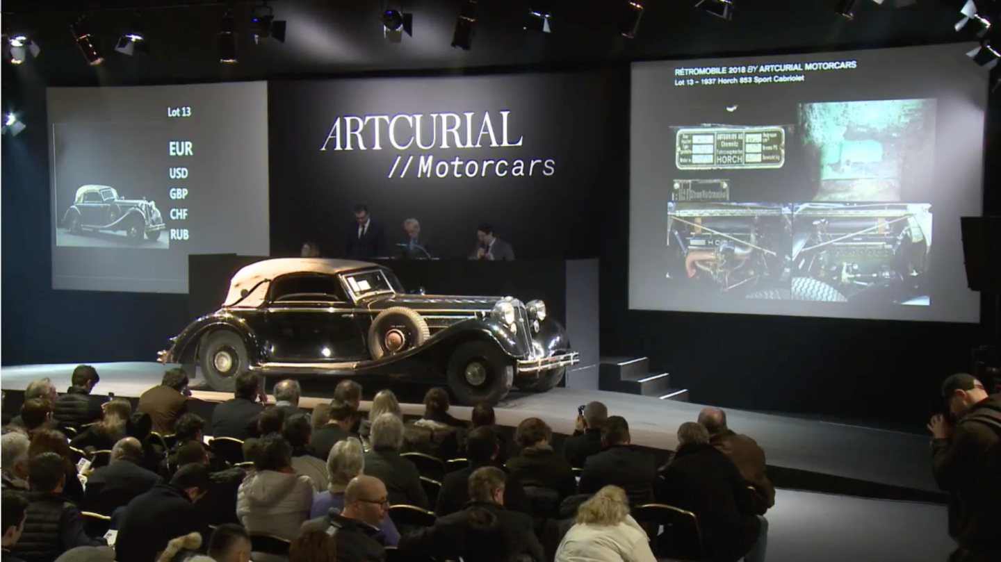 Horch was the only serious domestic rival to Mercedes-Benz in the decade prior to WW2, with the brand eventually becoming Audi. Introduced in 1936 season, the 4.9-liter Type 853 used an inline eight cylinder engine driving through a four-speed overdrive gearbox and with servo-assisted hydraulic brakes. The Horch 853a Sportcabriolet is a masterpiece, and though 950 were built, only a handful survive. Surprisingly, two such cars were offered at auction in Paris, with this car original in every respect except for a paint job in the 1950s. It was presented at auction with an 80-page report by historian and Horchspecialist Karl Schack. Original with a meticulous history, it sold for $774,065 (€631,760).