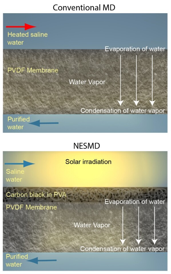 This diagram shows how conventional membrane distillation works (top) compared to the NEWT team's system (bottom)