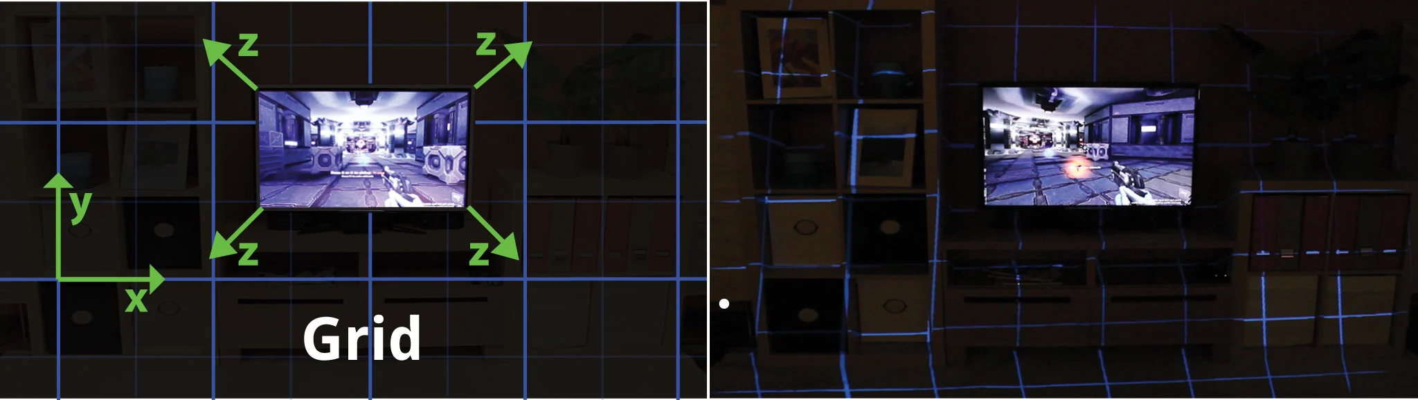 The device is able to calibrate itself to any room, with the Kinect detecting the colors and layout in front of it, while the projector uses that data to align the image properly around the TV