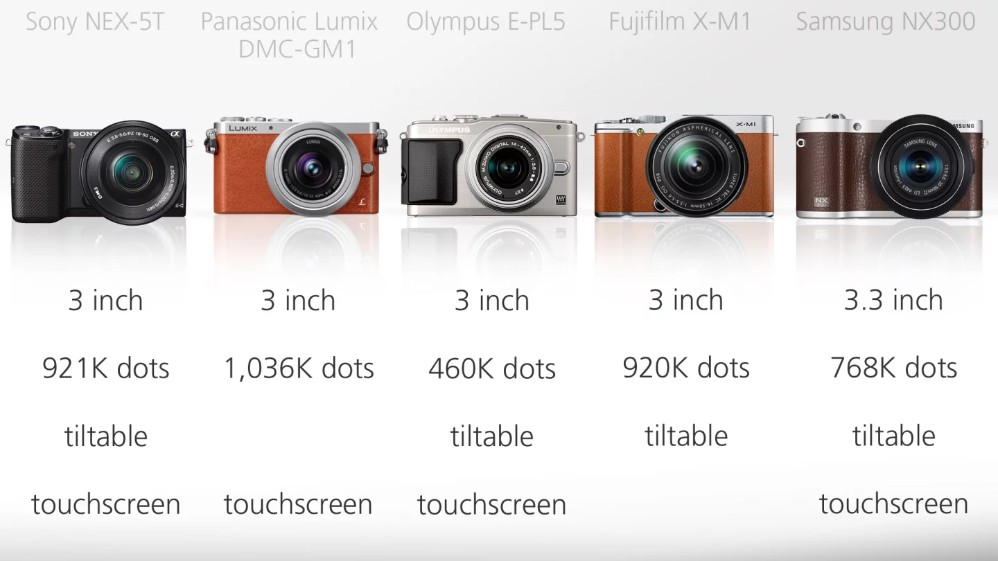 The Samsung has the largest monitor measuring 3.3 inches, but overall it's probably the monitor on the Sony NEX-5T which is the most versatile