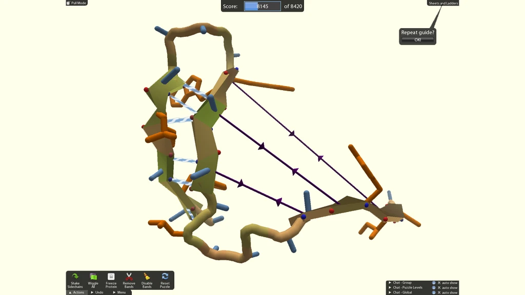 Foldit players can use different tools to interactively twist, jiggle and reshape proteins - in this picture, a player uses rubber bands (purple) to pull together two sheets, or long flat regions of the protein