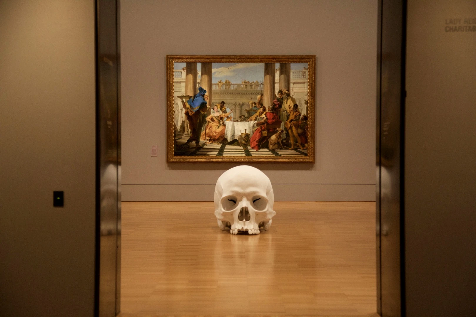 Ron Mueck's huge installation features 100 giant skulls strewn around the gallery's classic art collection