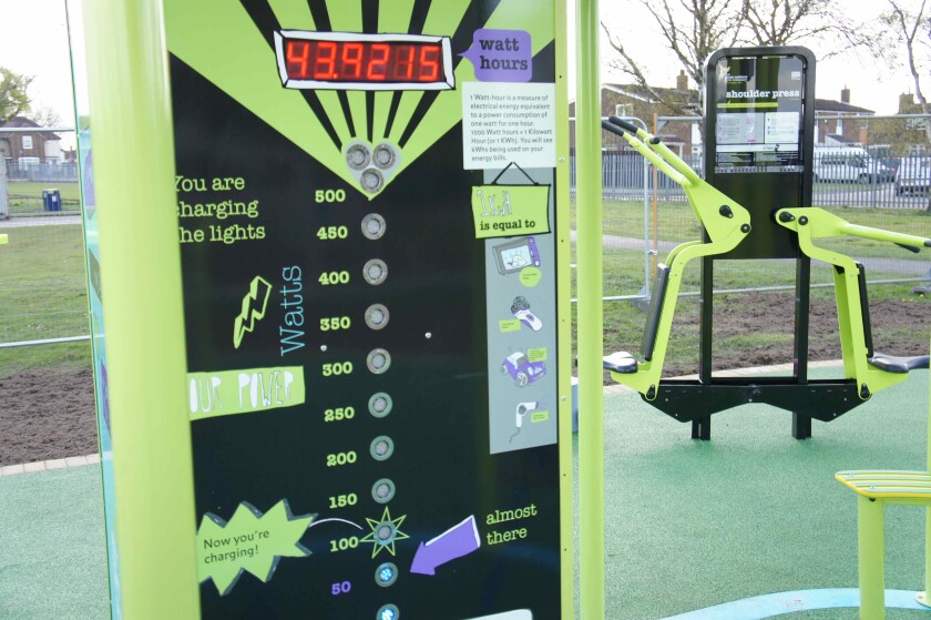 The TGO Green Heart outdoor gym features a Power Display Wall that measures and displays the amount of energy generated by the heart-shaped gym's users