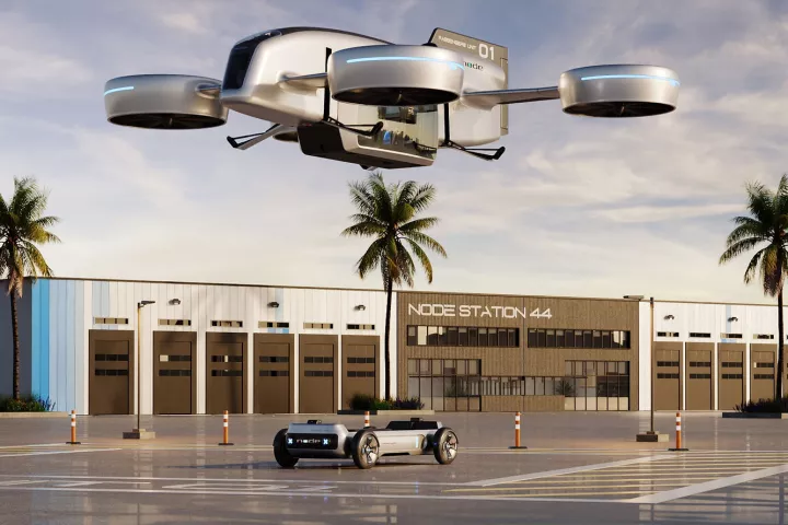Node Air's modular transport system uses cargo and passenger pods, which can click onto land-based EV carriages or VTOL drone-style airf
