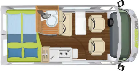 The Hymercar 540 has a smaller double rear bed and smaller, relocated fridge as compared to the 600 but is laid out much the same