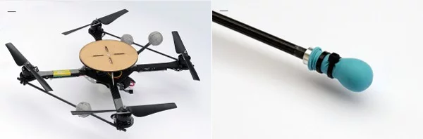 The quadrocopter robots were outfitted with a 12 cm / 4.7 inch plate with which to balance the pole