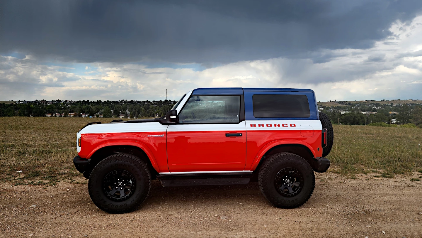 The tri-tone color of the 2025 Ford Bronco Stroppe is a good call back to the red, white, and blue Stroppe models of the 80s