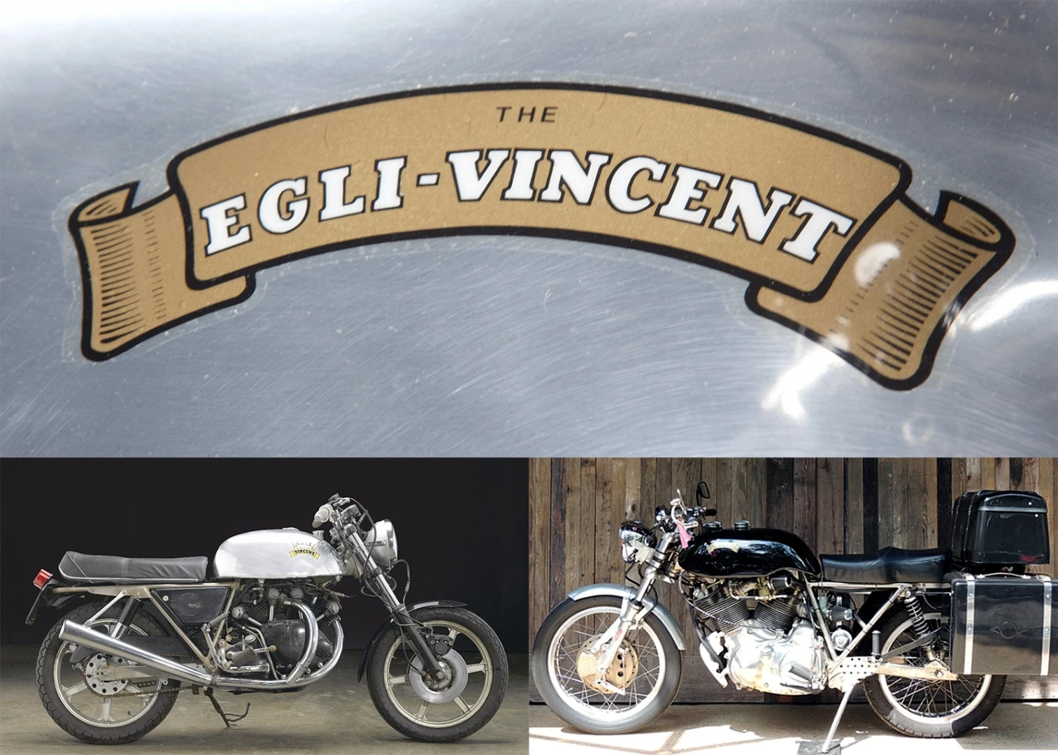 Three Egli Vincents will go under the auctioneer's hammer in Las Vegas. At bottom left is the ex-Gene Aucott 1974 Egli-Vincent, and at bottom right is a 1968 Egli-Vincent with panniers and top box from the Sinless Collection