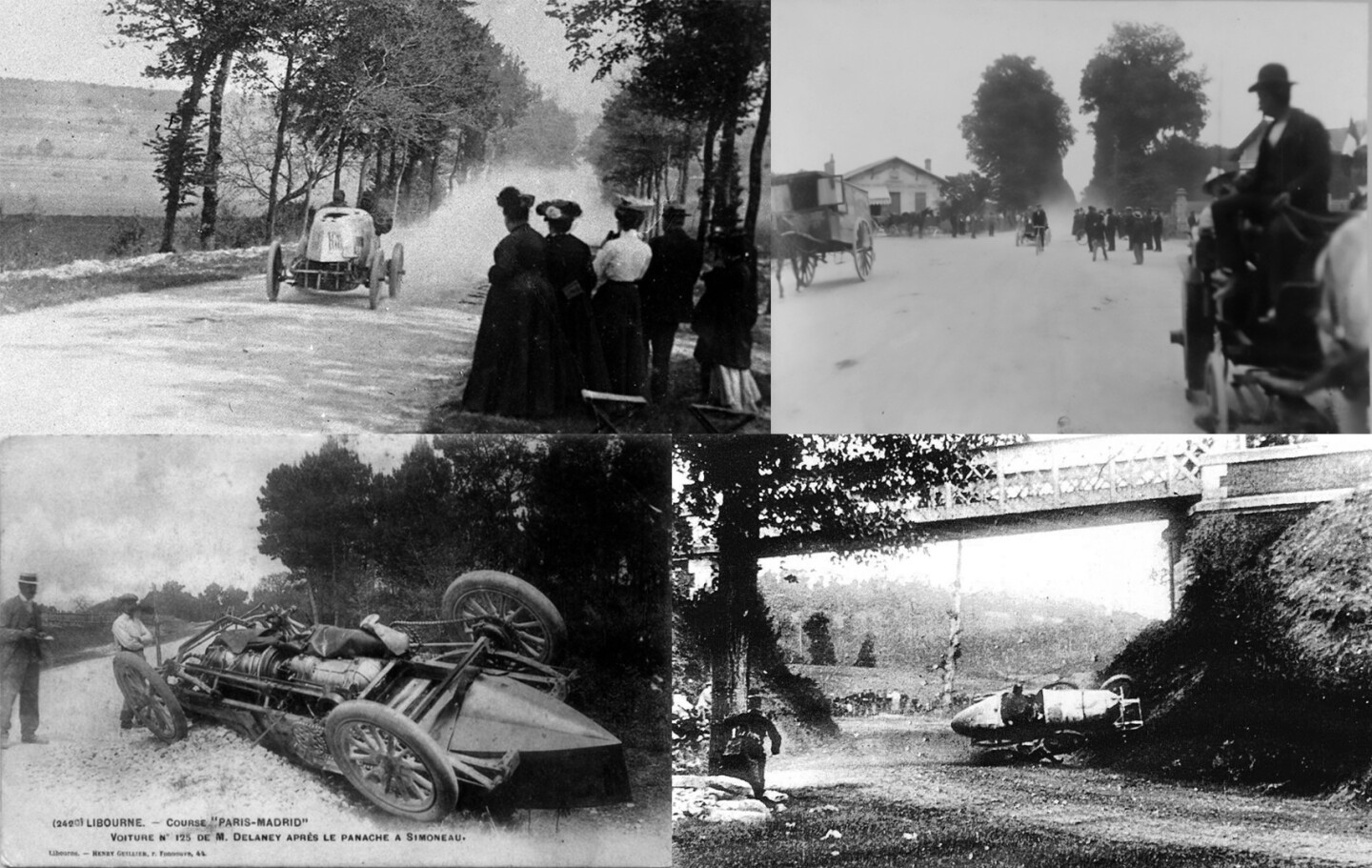 The first five cars to Bordeaux in the famous 1,307 km (812 mile) Paris-to-Madrid race of 1903 all averaged remarkable speed under the conditions: Mors (65.3 mph), Renault (62.3 mph), Mors (59.1 mph), De Dietrich (58.2 mph), Panhard (57.9 mph) and Mercedes (57.7 mph). By comparison, the 1901 race on the same roads was won at 49 mph, the 1899 race at 30 mph and the 1895 race at 15.2 mph, meaning average speeds doubled in the four years from 1895 to 1899 and more than doubled in the next four years.