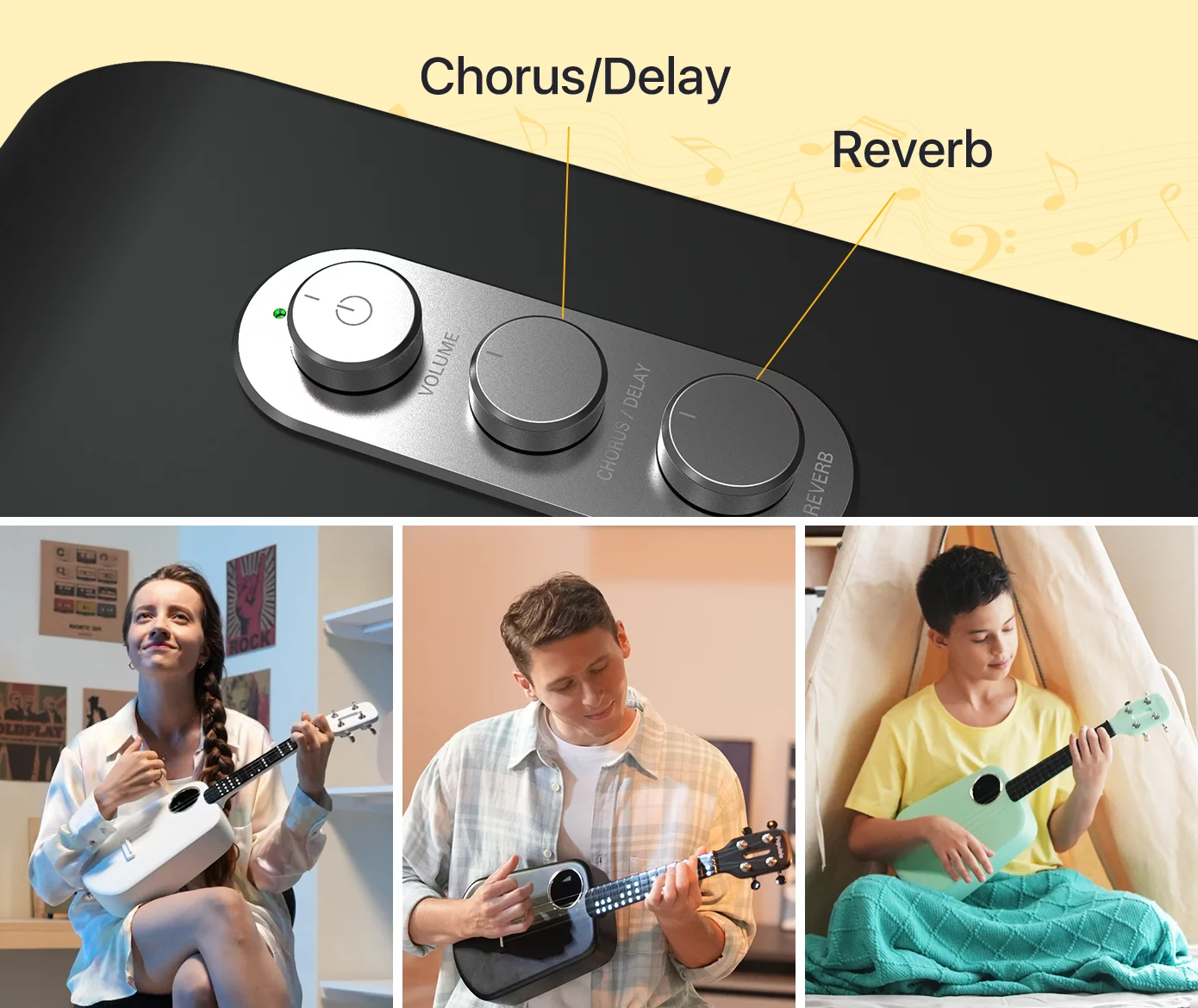 The built-in pre-amp comes with onboard effects to enhance plugged-in or un