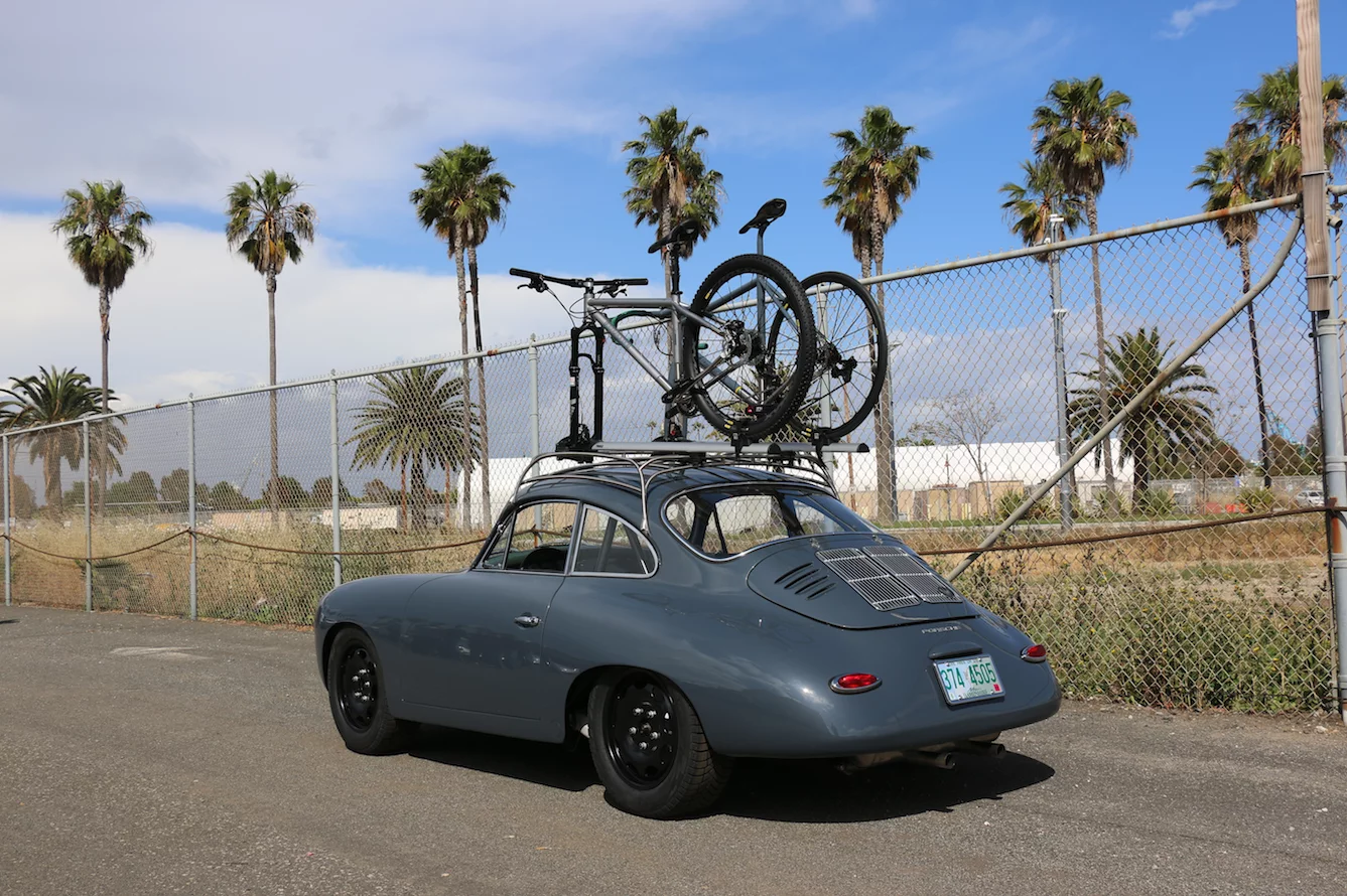 The customized roof rack holds bikes, skis and other essential gear