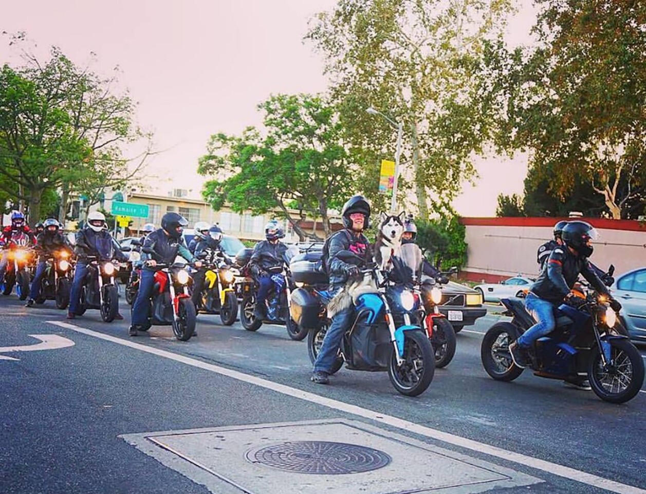 Terry and Charger at the head of an electric motorcycle rally
