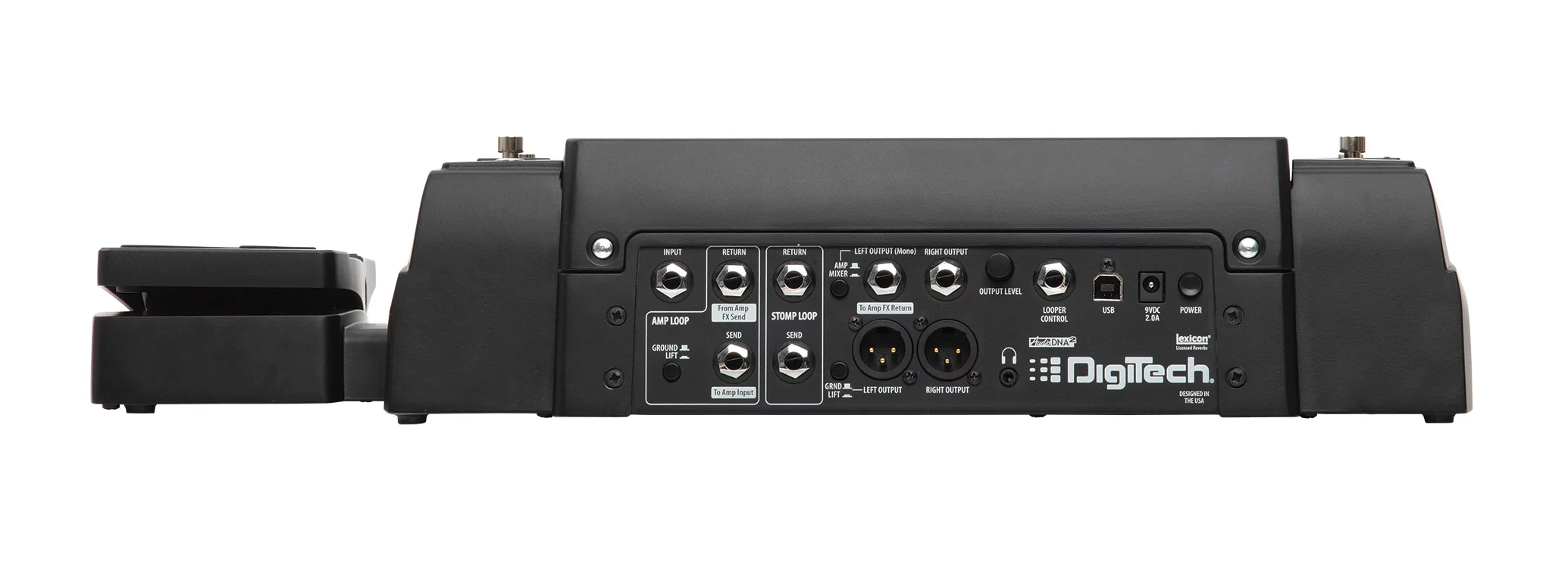 To the rear of the cast metal unit, there's an instrument input, an amp loop, an effects loop, stereo line-out with an Amp/Mixer switch, stereo XLR outputs, external footswitch control, USB port, and a headphone jack