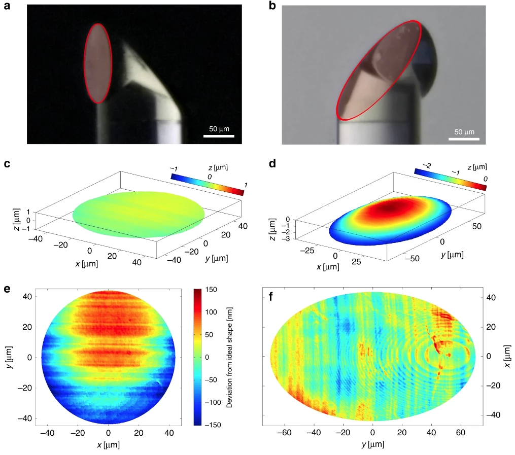 a Microscope image of the probe with the flat front surface highlighted. b Microscope image of the probe with the curved TIR surface highlighted. c Confocal surface measurement result of the flat interface from a. d Confocal surface measurement result of a curved TIR mirror surface b. e Deviation from the ideal shape in the case of the flat surface. The RMS deviation for a beam footprint corresponding to an NA of 0.14 is 43 nm. f Deviation from the ideal shape in the case of the TIR surface. The RMS deviation for a beam footprint corresponding to an NA of 0.14 is 19 nm. The visible elliptical ring patterns are caused by the rasterization of the 3D printer within each printing layer and did not have a discernible impact on the optical performance