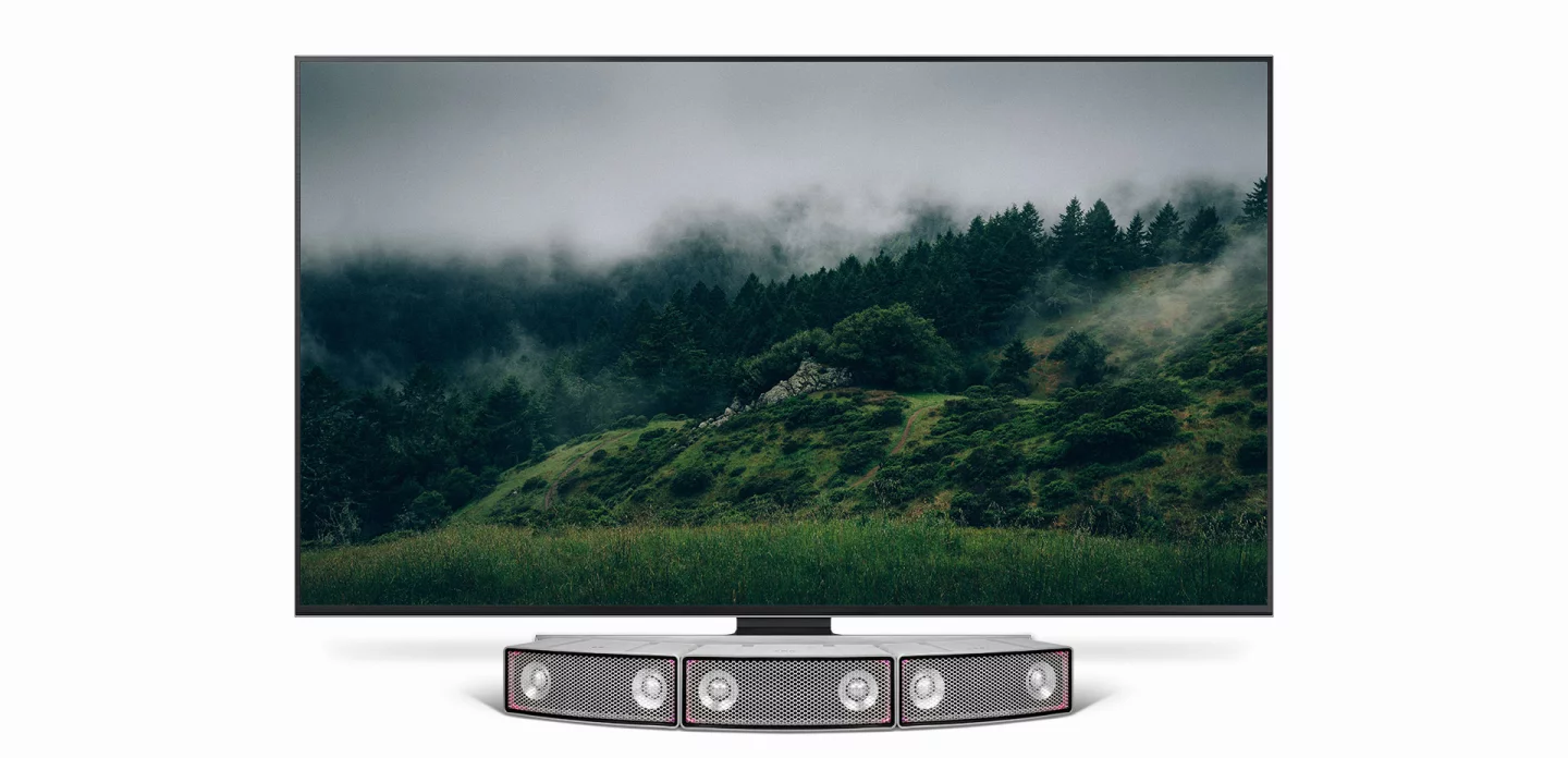 Three Soundots speakers working together to form a curved TV soundbar