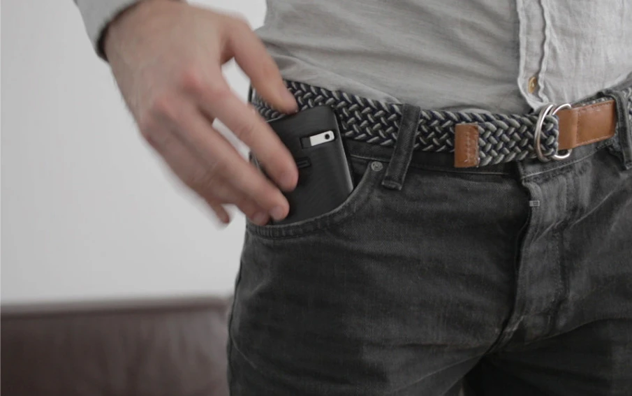 The JuiceTank iPhone case's integrated, collapsible electrical plug eliminates the need for a charging cable