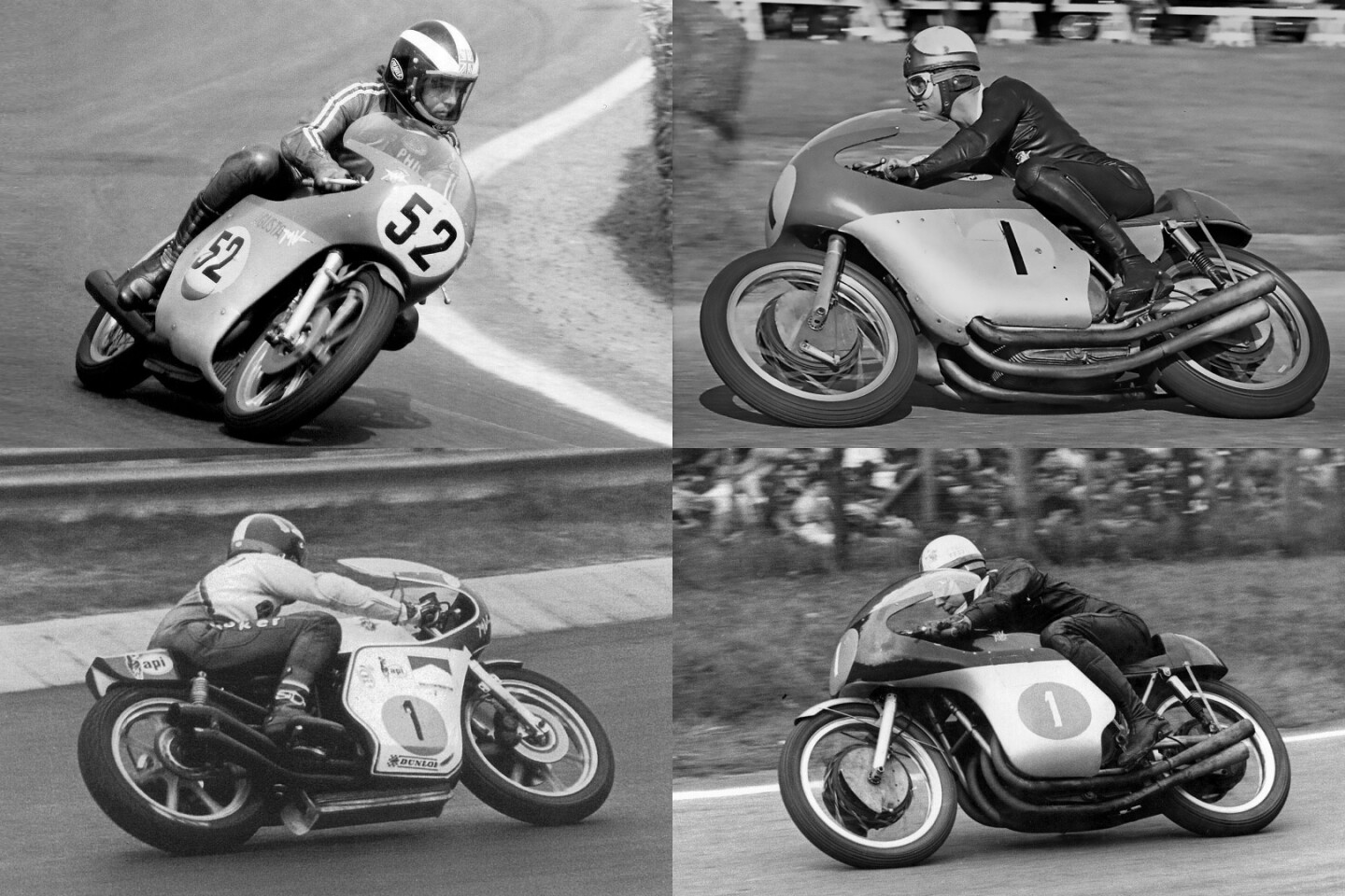 MV Agusta won the World 500cc championship (now MotoGP) every year from 1958 to 1974 with the machines of John Surtees (bottom right in the above image on a 350/4), Gary Hocking, Mike Hailwood (top right), Giacomo Agostini (bottom left) and Phil Read (top left) virtually unbeatable until two-stroke technology finally banished all four-stroke machinery from the winner's circle.