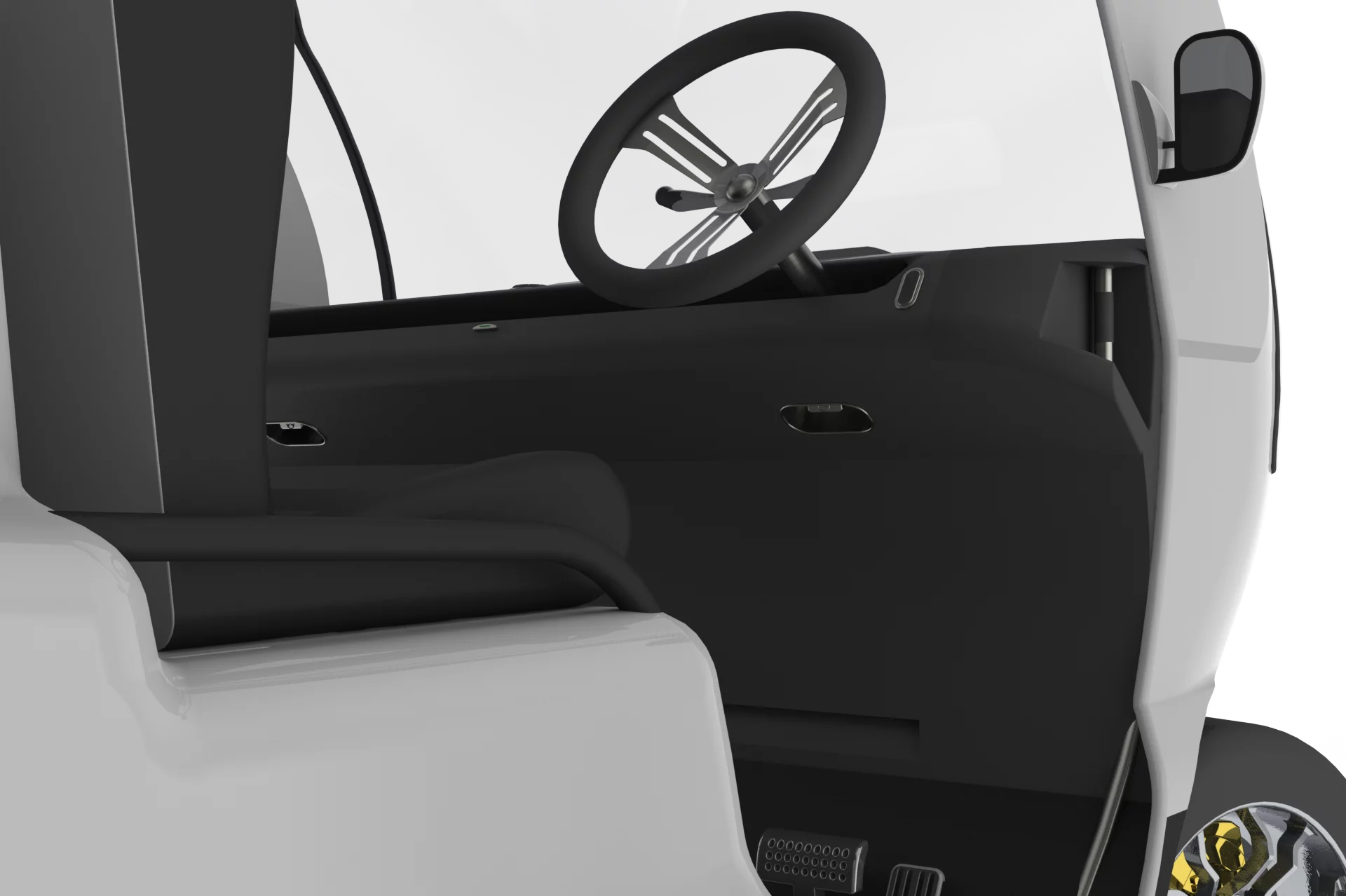 The driver can reposition the steering wheel on either the left or right of the Bug-E by sliding it along a track in the dashboard