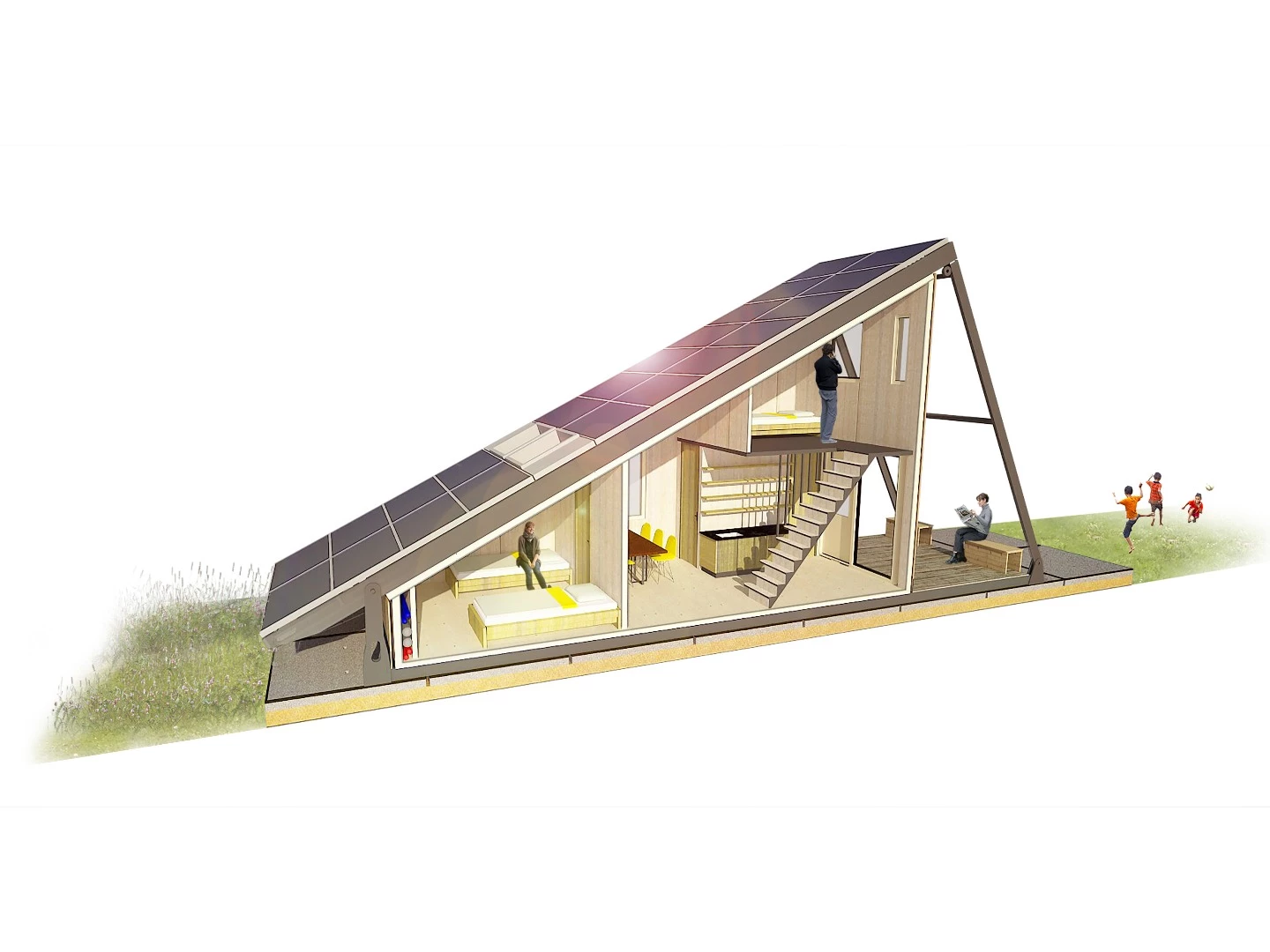 The shape of the structure is like that of a lean-to, with one large sloping face covered in solar panels