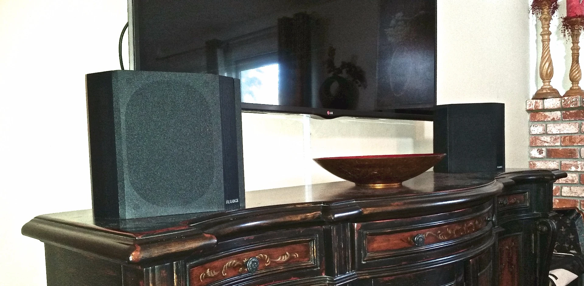 Fluance surround speakers set up in a living room, for home theater surround sound