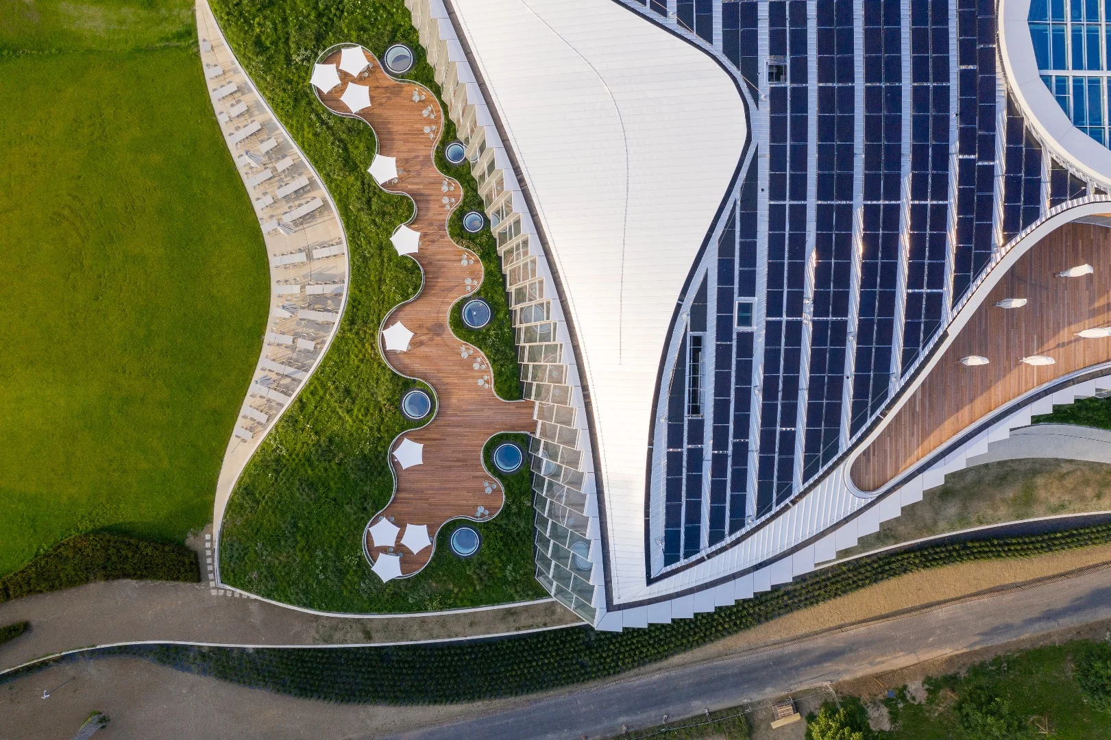 The Olympic House's solar panel array reduces the building's grid-based electricity needs