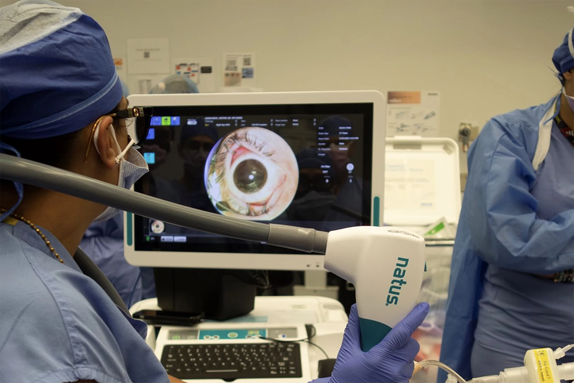 Dr Vaidehi Dedania, NYU Langone retina specialist, tests the donor eye's transplant viability