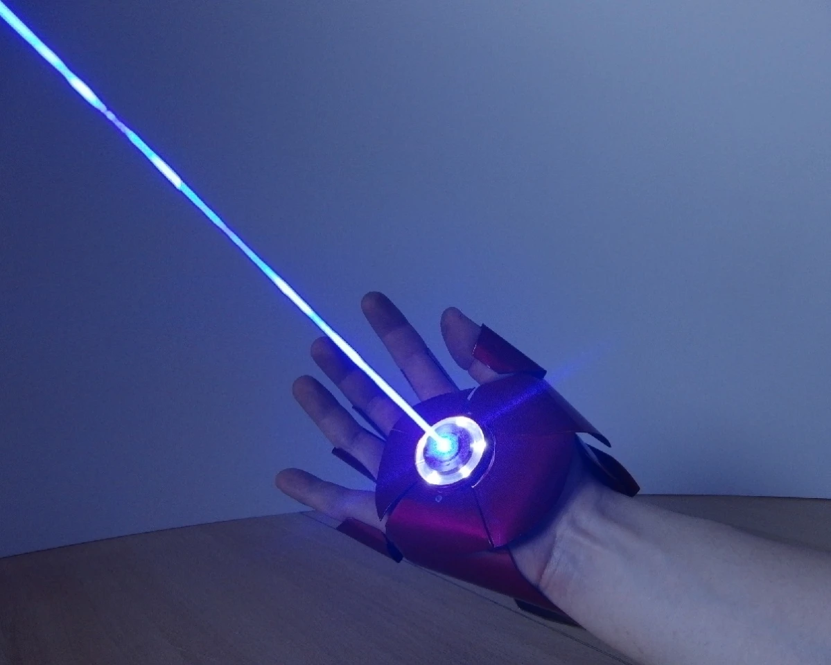 The glove's 3,000-mW blue palm-mounted laser