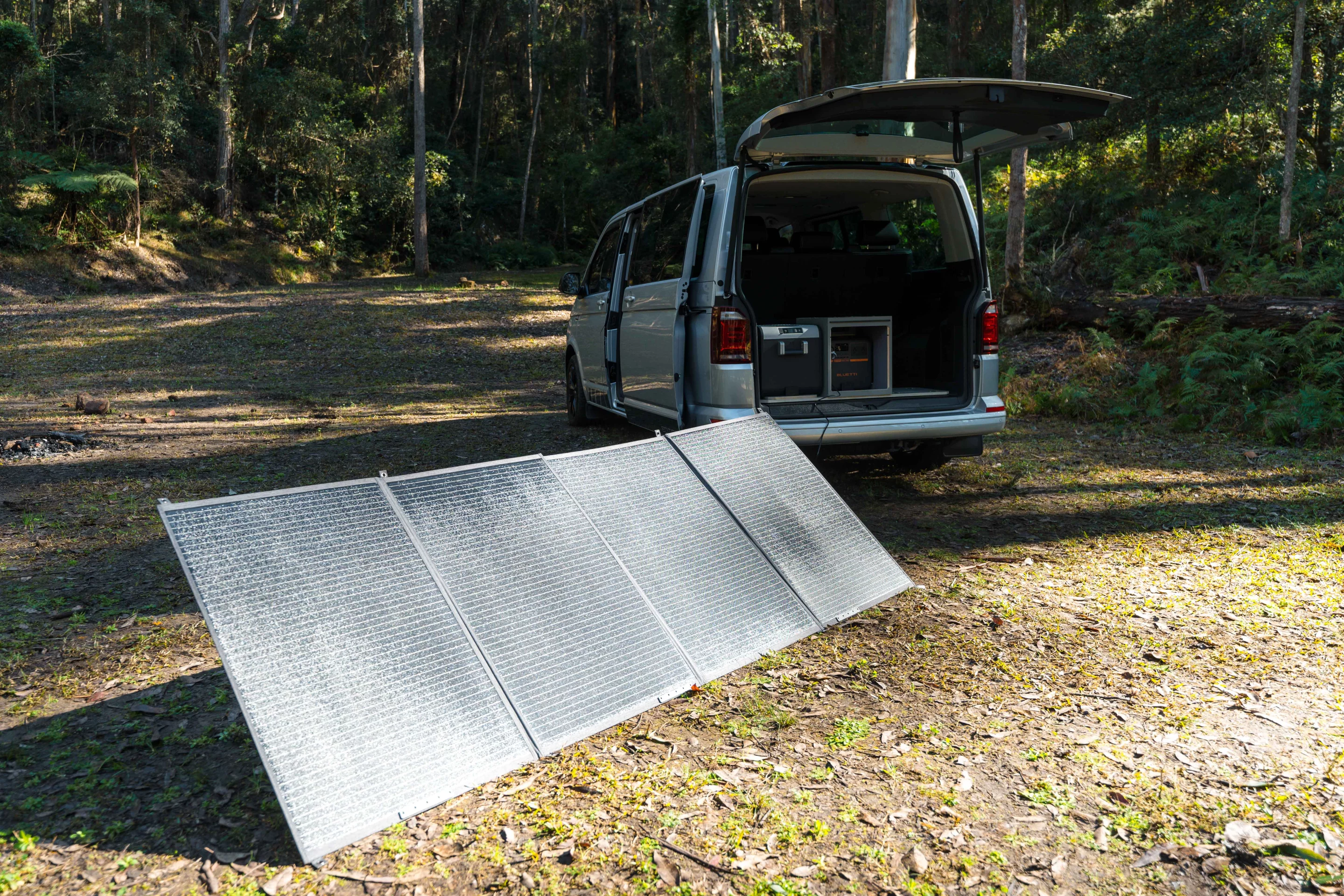 An expandable 420-W solar panel helps Trakkit owners keep the power station topped off