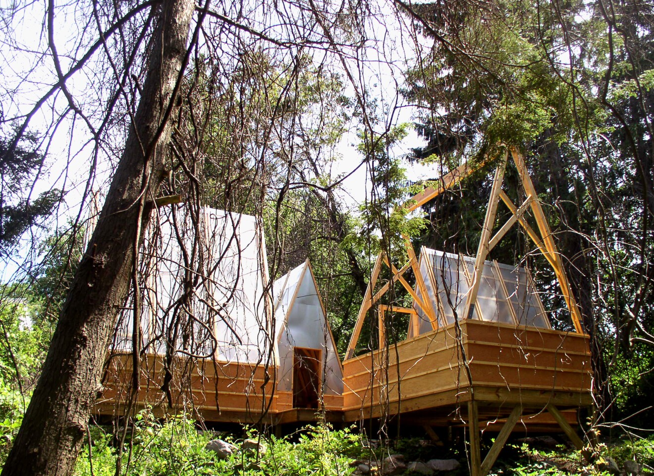 Each Swamp Hut serves a different function, all are raised up over the marshy terrain (Photo: Moskow Linn Architects, from the forthcoming book "Superlight")
