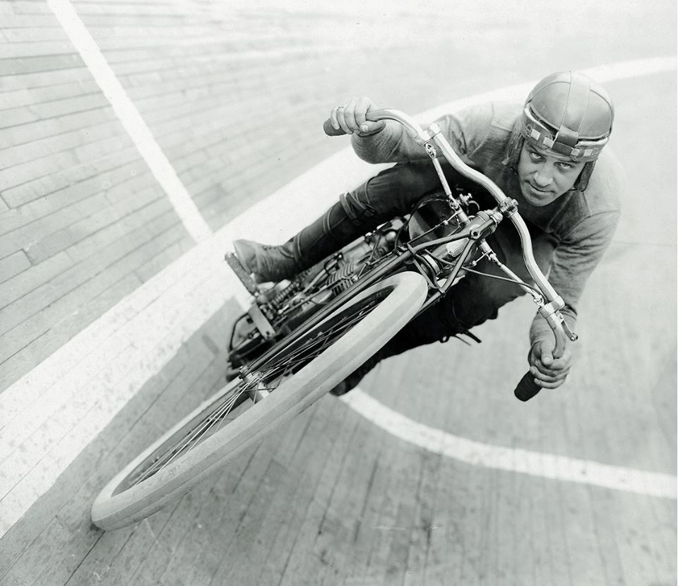 An image of board track racing from Stephen Wright's book, "The American Motorcycle 1869-1914" which is still available and like his restorations, will also appreciate in value when the limited stocks run out