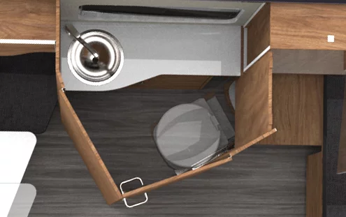 The bathroom has a fold-out wall and pull-out toilet