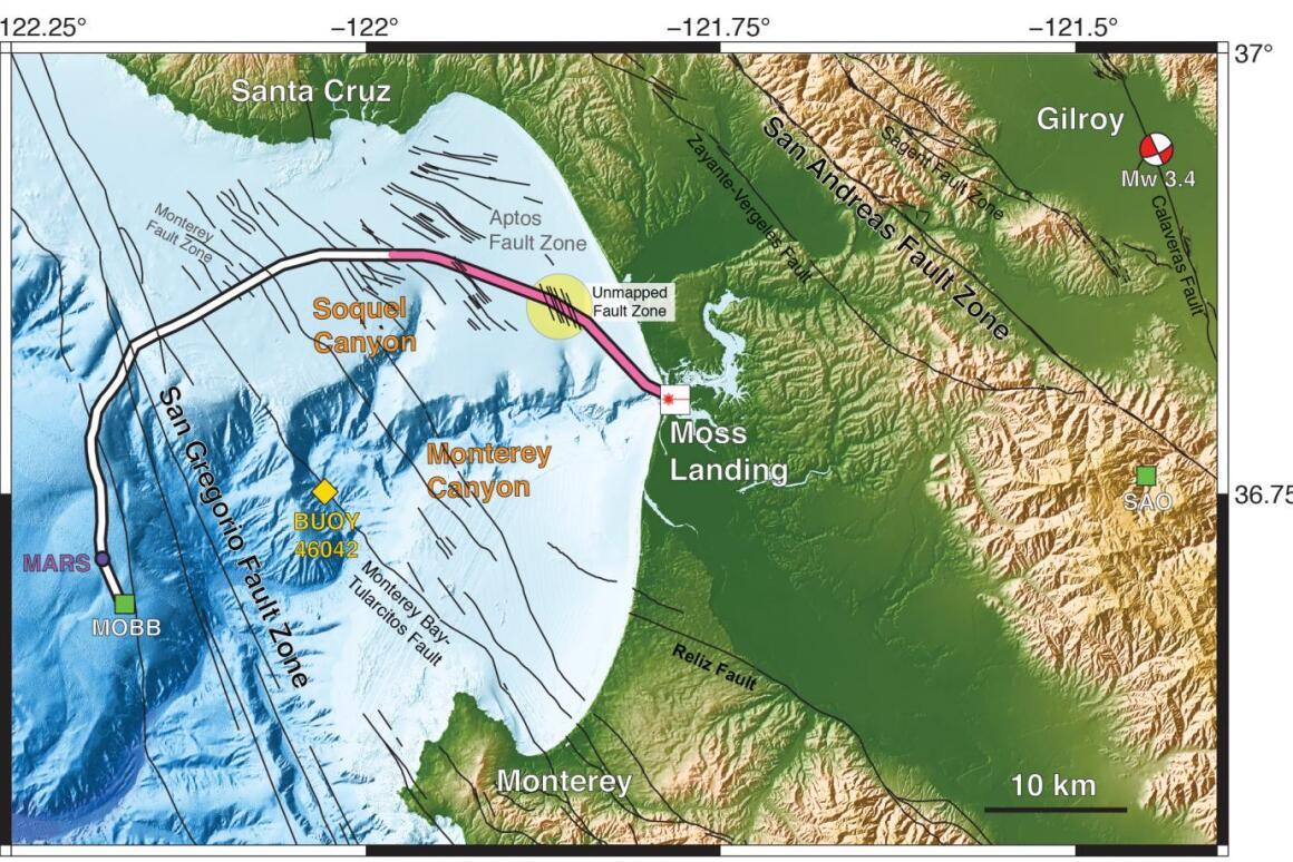 A map showing the fiber optic cable involved in the study, with the tested portion highlighted in pink