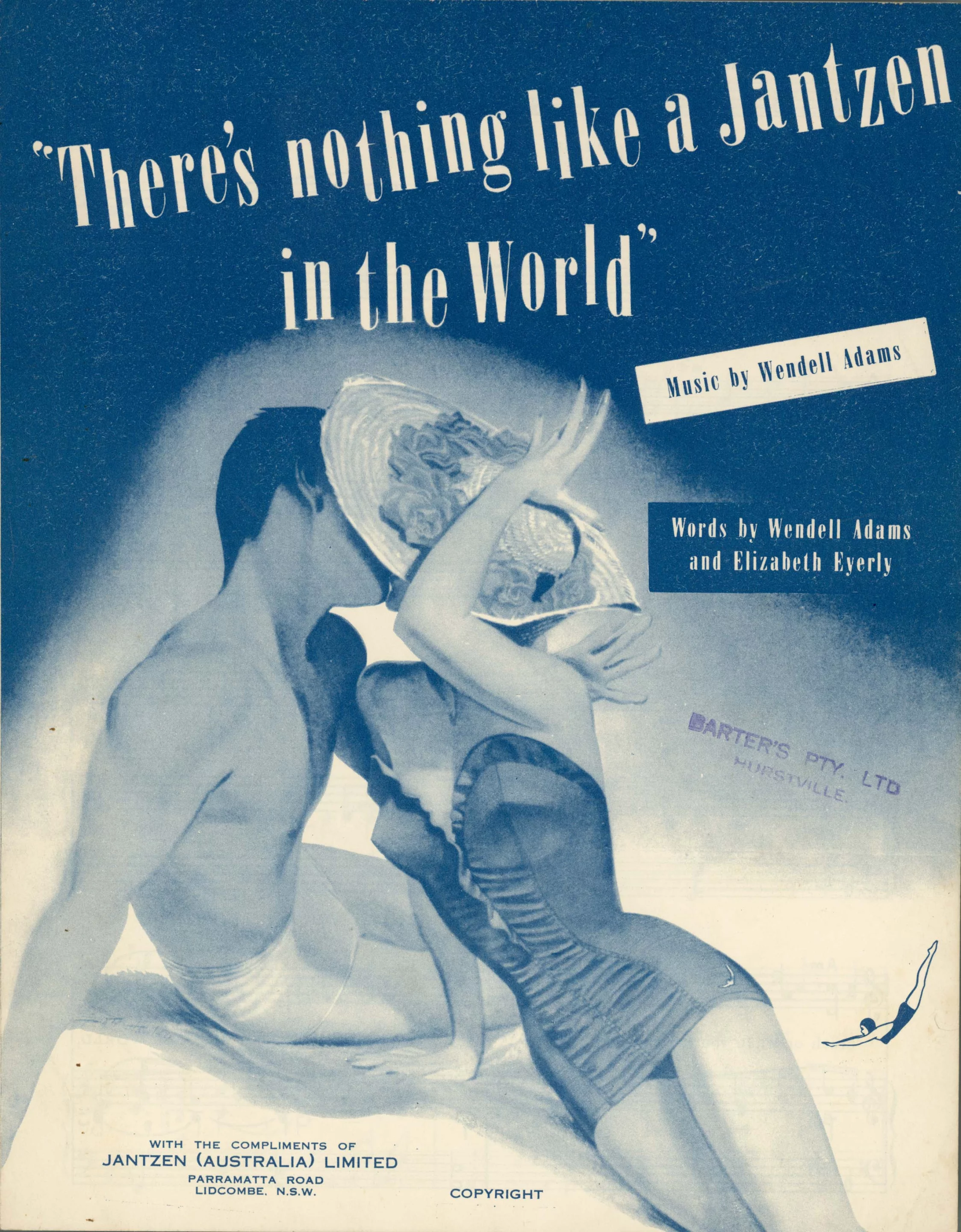 Sheet music for Janzten Australia's jingle ËœThere's nothing like a Jantzen in the world'. It was used in a 1951 advertisement for Nylastic swimsuits.
