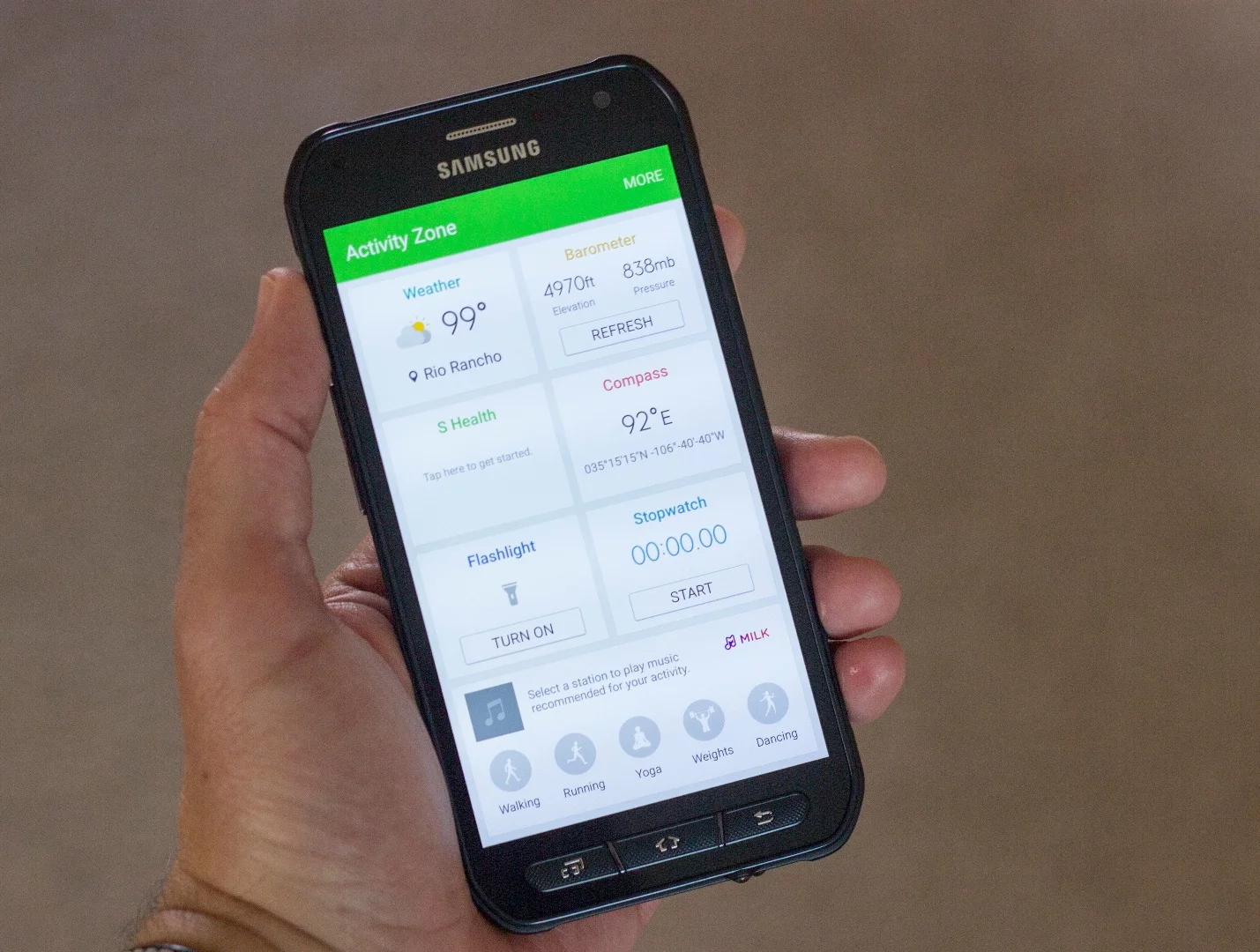 The GS6 Active's Activity Zone, a quick-launch hub for some outdoorsy type of info and tools