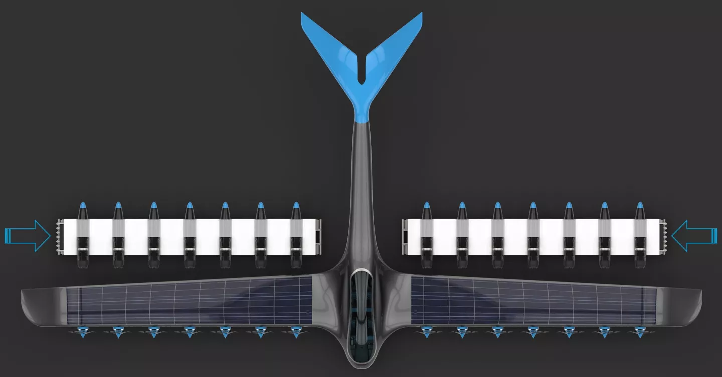 Concept design for a passenger plane running a bunch of detachable hydrogen propulsion pods along each wing