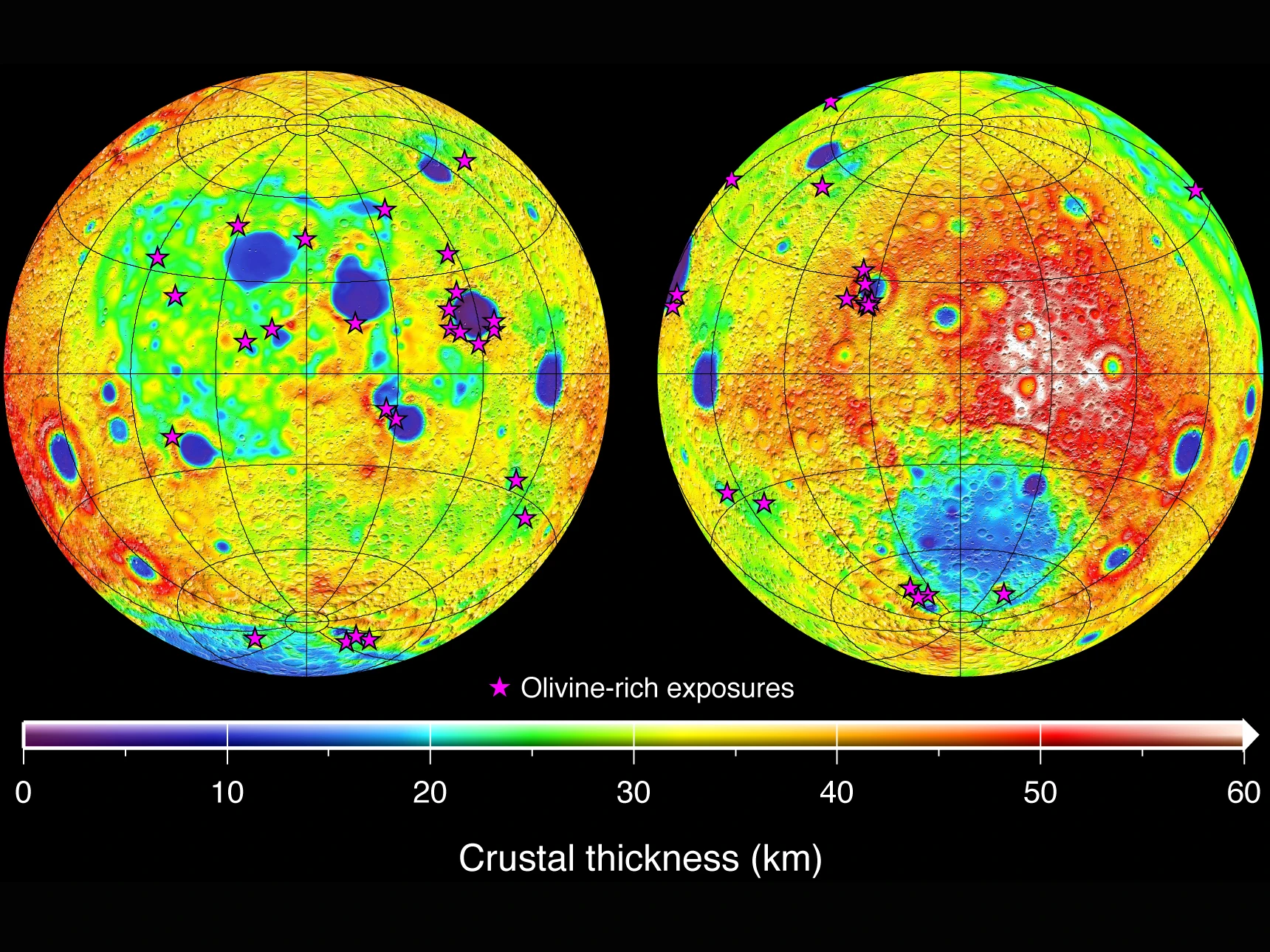 Thickness of the Moon’s crust mapped by NASA's GRAIL mission and Lunar Reconnaissance Orbiter (Image: NASA/JPL-Caltech/ IPGP)