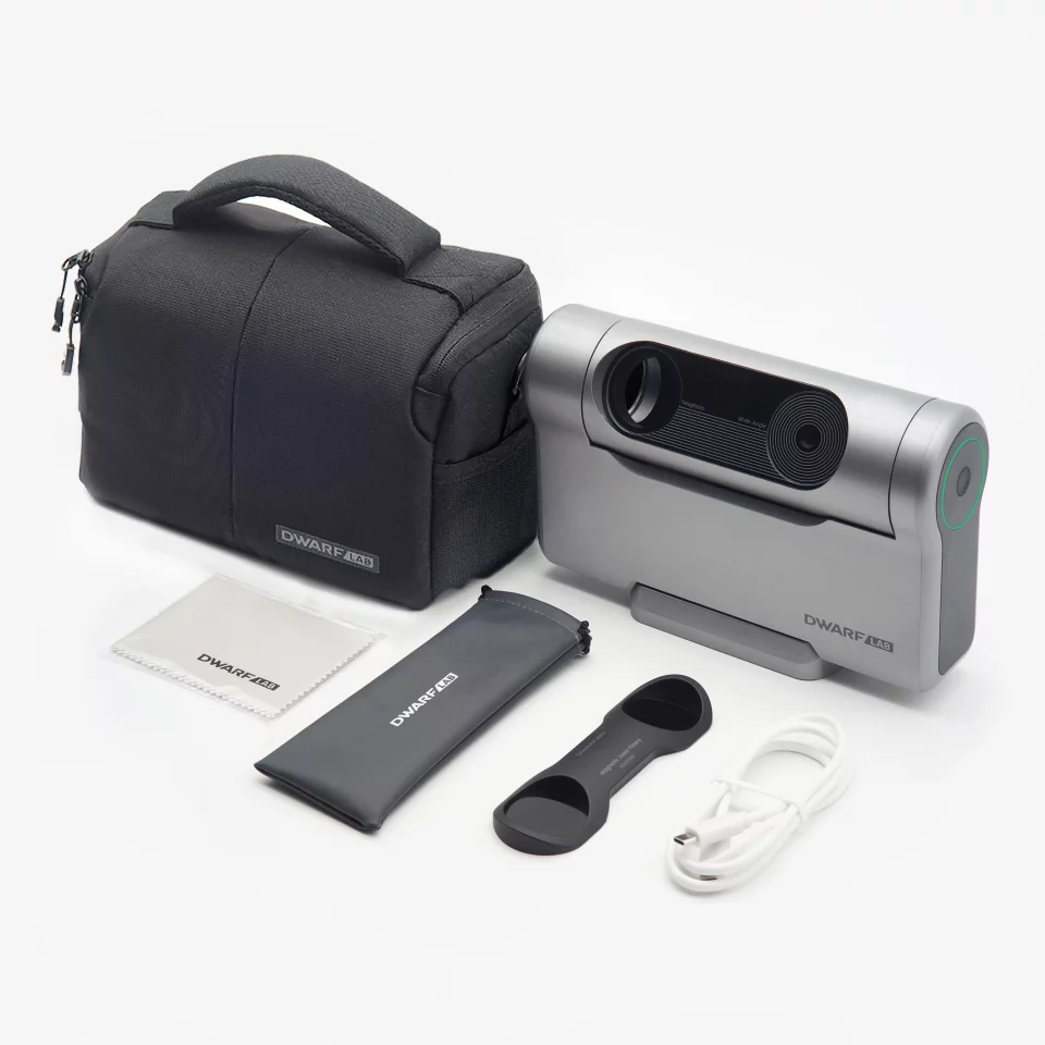 The Dwarf III smart telescope ships with a padded carry bag, ND filter plus pouch, USB cable and cleaning cloth