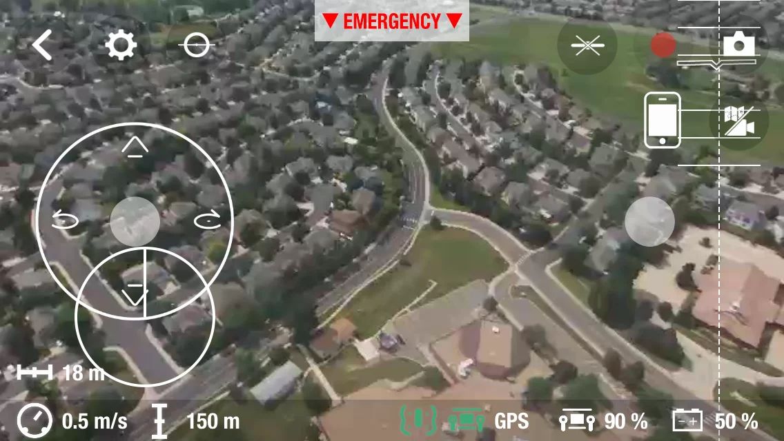 Screenshot of Freeflight3's HUD on an iPhone, looking down at a neighborhood from 150 m (492 ft), which seems to be the hardcoded maximum altitude