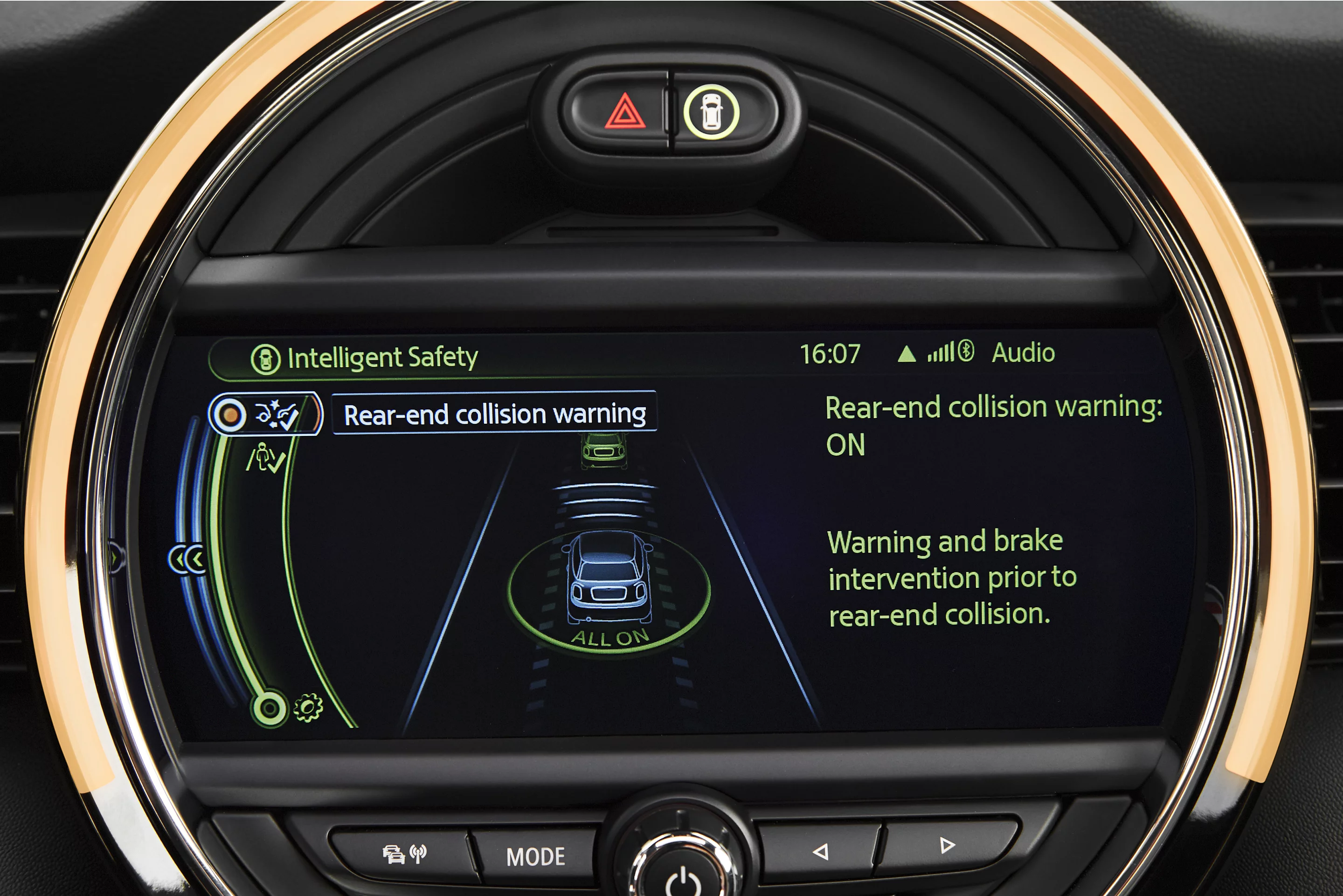 Rear-end collision warning with city braking function.