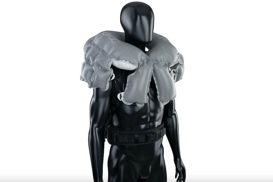 The backpack's airbag, fully inflated and in place