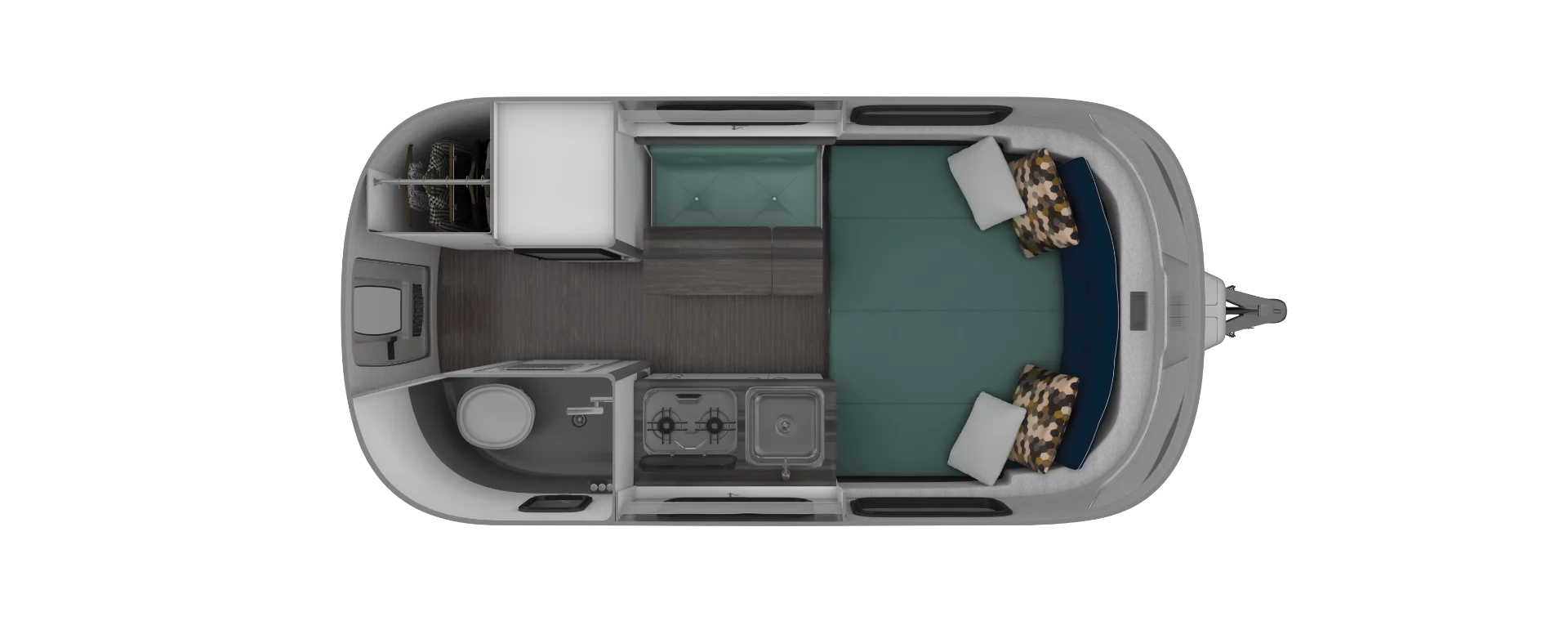 The 16FB floor plan includes a fixed bed and small bench/dining table