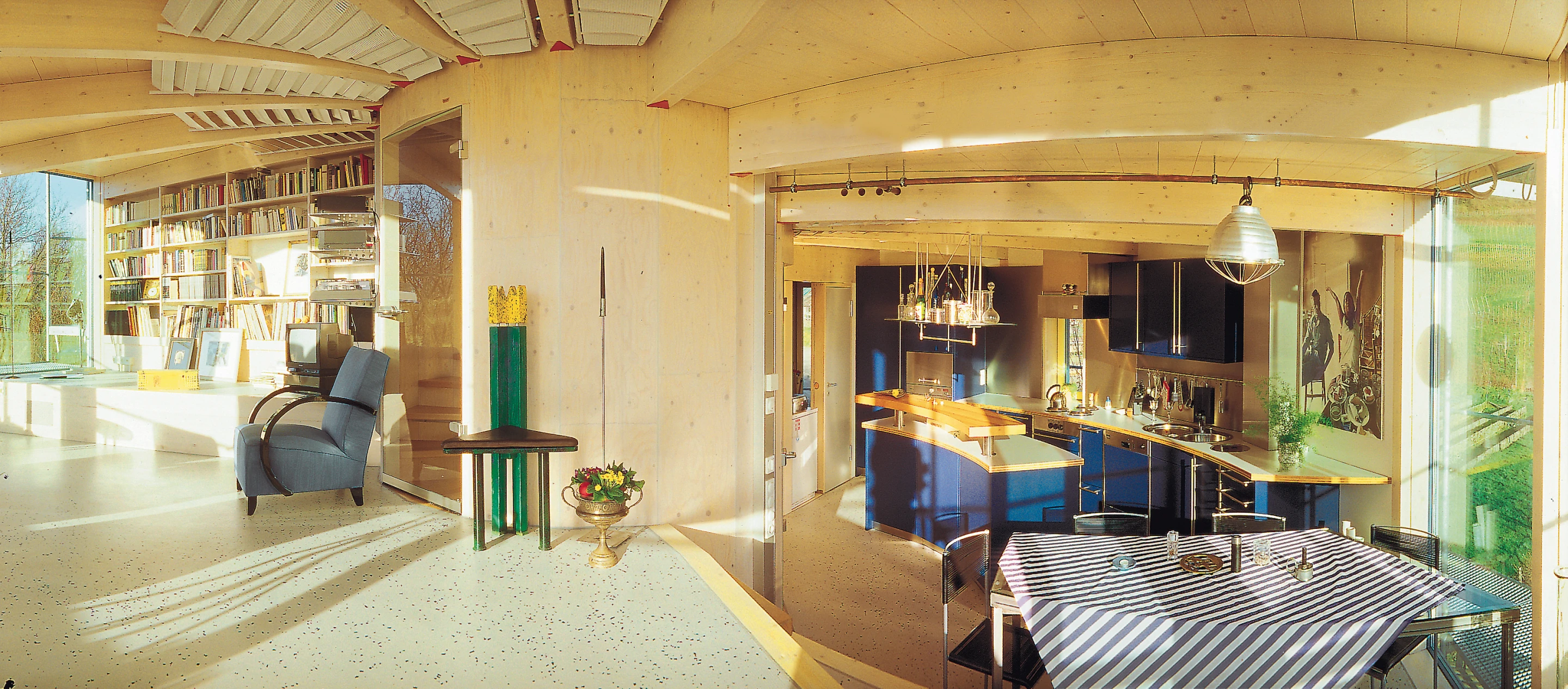 The open plan study, dining area and kitchen of Rolf Disch's Heliotrope home