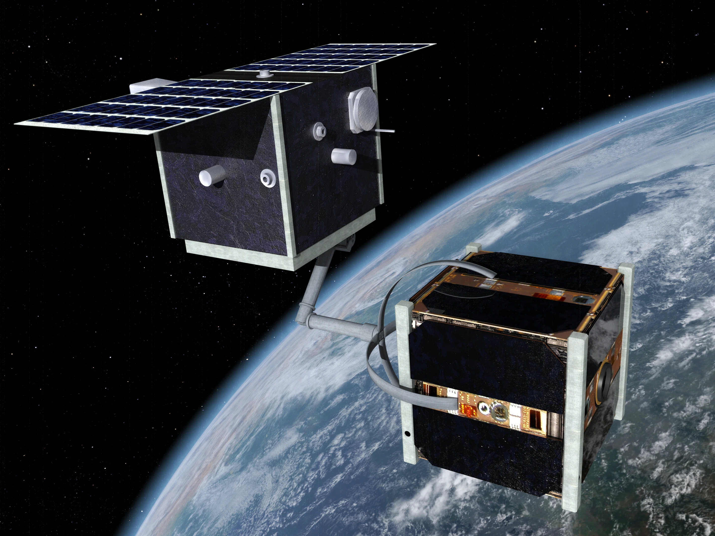 Artist's concept of CleanSpace One grappling with a satellite (Image: EPFL)